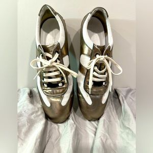 Burberry sneakers, lace up, chrome and white leather. Women’s size 38 EUR/7 1/2